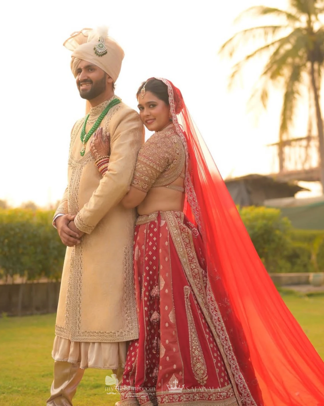 Classic groom pagdi styled with a red ceremonial stole for bulk pagri package in Dharamshala